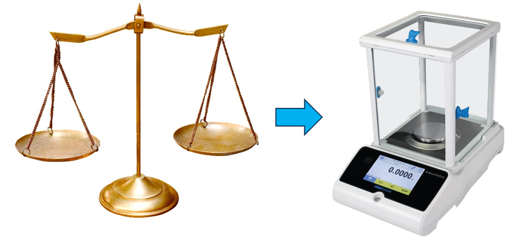 an old-fashioned balance next to a modern Adam Equipment digital balance